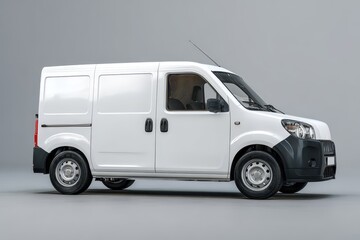 White clean delivery van in a studio setting with a minimalist backdrop showcasing its design and functionality for cargo transport
