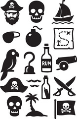 Obraz premium Pirate Icons Featuring Skulls, Ships, Bottles, and Treasure Maps in Black and White Vector Style