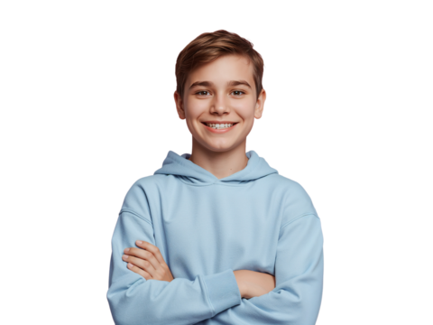 Confident young boy with a cheerful expression in a light blue hoodie, transparent