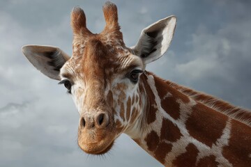 Naklejka premium Giraffe facing forward showcasing its long neck and distinct patterns against a cloudy sky in a natural habitat