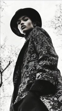 Elegant model posing on street in fashionable coat and hat, exuding urban chic.