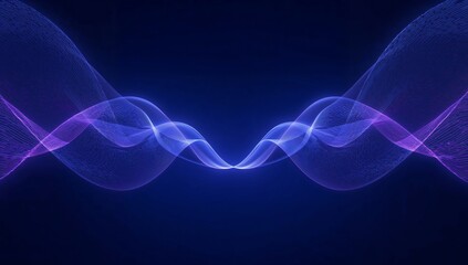 Abstract flowing waves of purple and blue light, creating a symmetrical, ethereal design against a dark blue background.