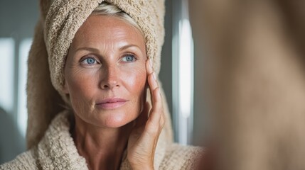 gorgeous senior older adult 50 years old blonde woman wearing bathrobe and turban towel in bathroom applying moisturizing tightening face skin treatment looking at mirror morning beauty routine no lo