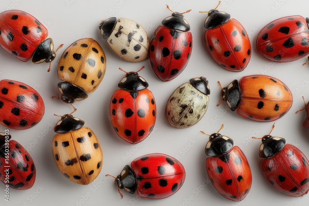 Aufkleber collection of realistic ladybugs showcasing diverse colors and patterns in a close-up view featuring