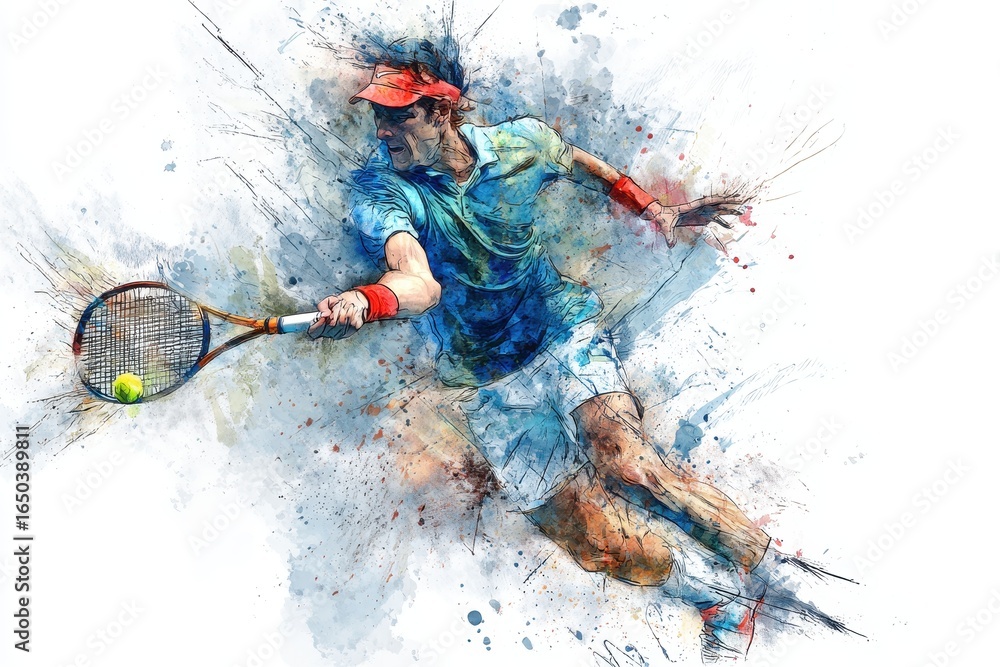 Poster abstract depiction of a tennis player in action with a racket showcasing dynamic movement and vibran