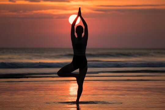 Silhouette of person in yoga tree pose on beach at sunset woman