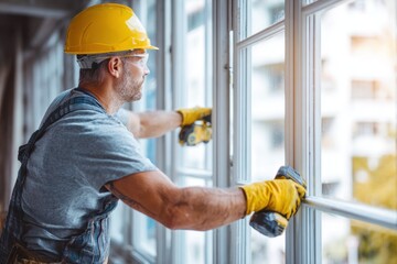 Construction worker diligently installs new windows in a residential building during the daytime, ensuring energy efficiency and safety in the renovation process