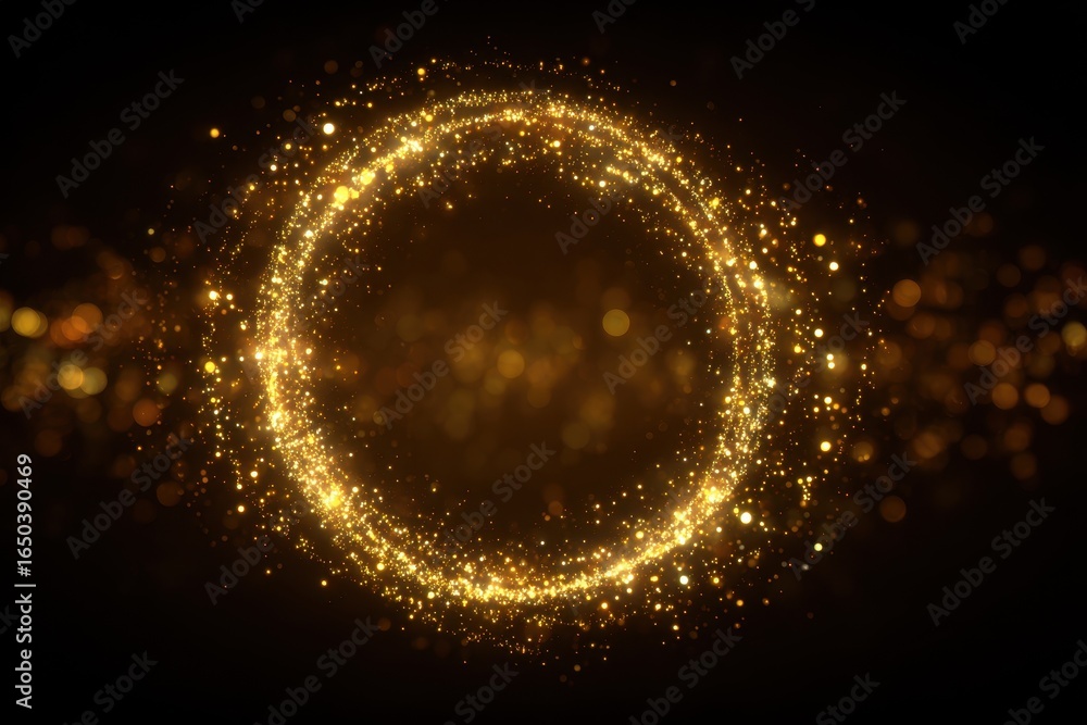 Poster gold glitter circle creating a mesmerizing light display with sparkles against a dark background, pe