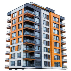 Fototapeta premium Modern apartment building with orange and gray facade, featuring balconies and multiple floors. background removed