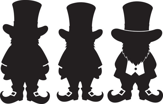 Three leprechaun silhouettes with top hats and bow ties silhouette