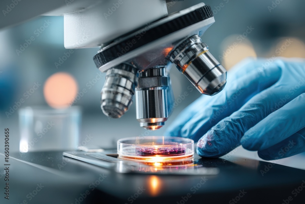 Poster close up of microscope with scientist's hands conducting research in laboratory setting
