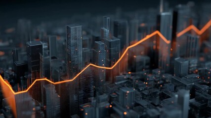 Abstract cityscape with rising graph line depicting financial growth and market trends - Powered by Adobe