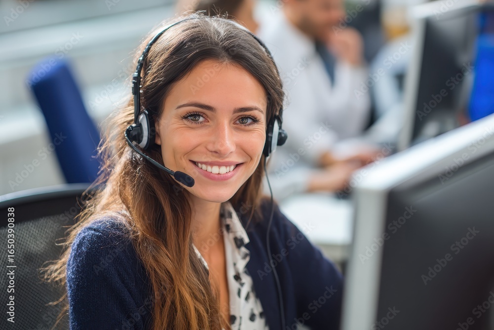 Poster woman working in a call center environment providing customer support with a headset while using a c