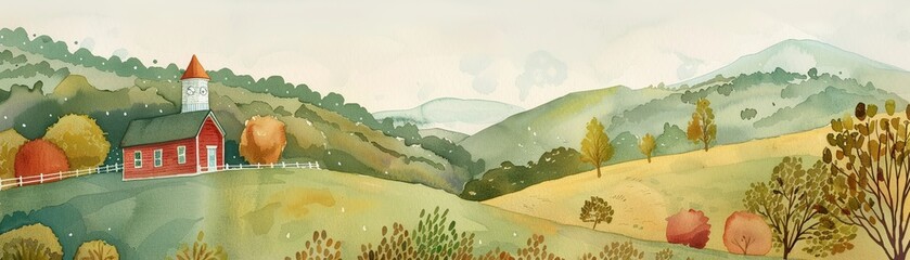 A watercolor painting of a rural schoolhouse nestled amidst rolling hills, symbolizing the importance of education in every community