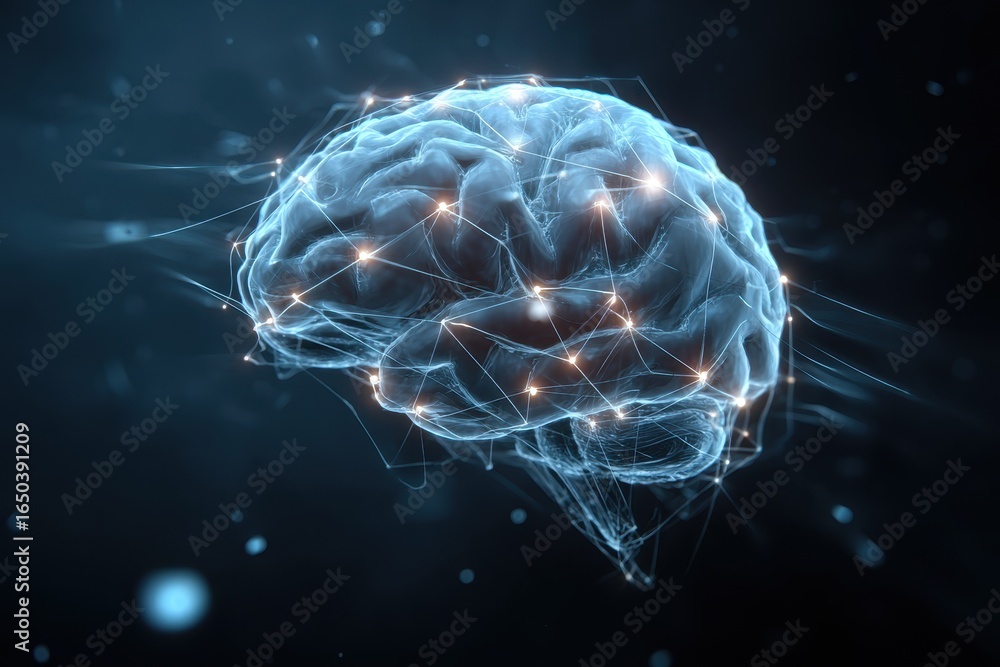 Poster futuristic brain interface concept showcasing glowing neural connections in a digital environment