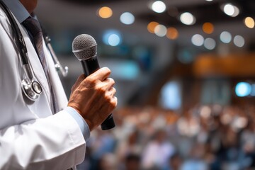 Doctor presents groundbreaking research findings at medical conference in large auditorium filled with professionals during afternoon session