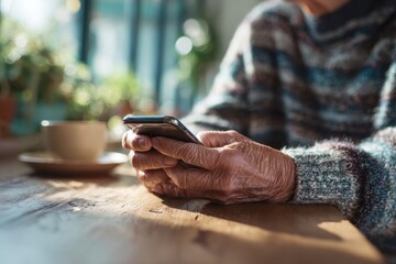 Mature hands engaged in smartphone use while seated at a wooden table in a cozy cafe, capturing a moment of technology and connection in daily life