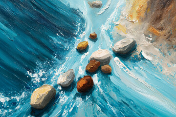 Japanese sumi-e ink painting of a flowing river with smooth stones, representing the flow of thoughts, monochrome brush strokes with soft gradients in a tranquil,painting, water color painting