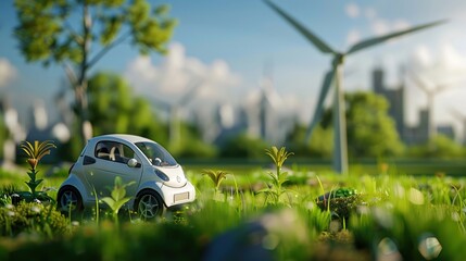 A wind turbine spins in a gentle breeze, generating clean energy for a nearby windmill village smart car