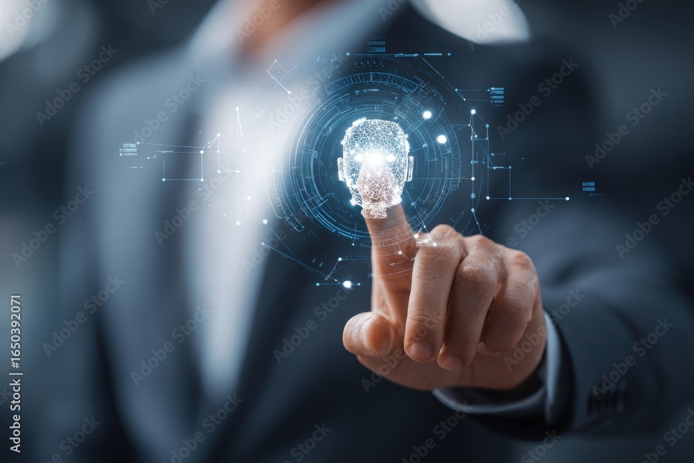 Poster businessman utilizing artificial intelligence technology to enhance decision-making and innovation i