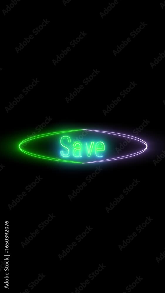 Aufkleber neon save button glowing bright green vertical video. animated neon save button with bright green an