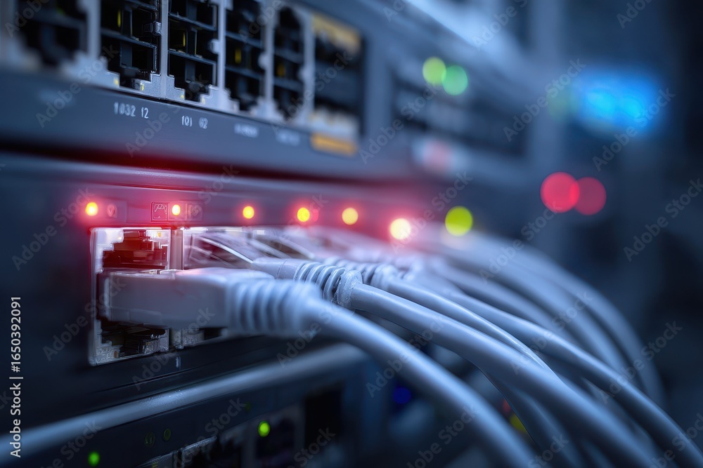Poster network cables connected to a server equipment rack for data communication and network management ta