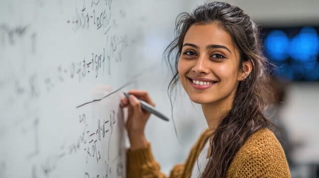 portrait of smiling girl solving math equation on white board college student thinking and solving arithmetic sum with classmates smart young woman writing on white board during class no logos no bra