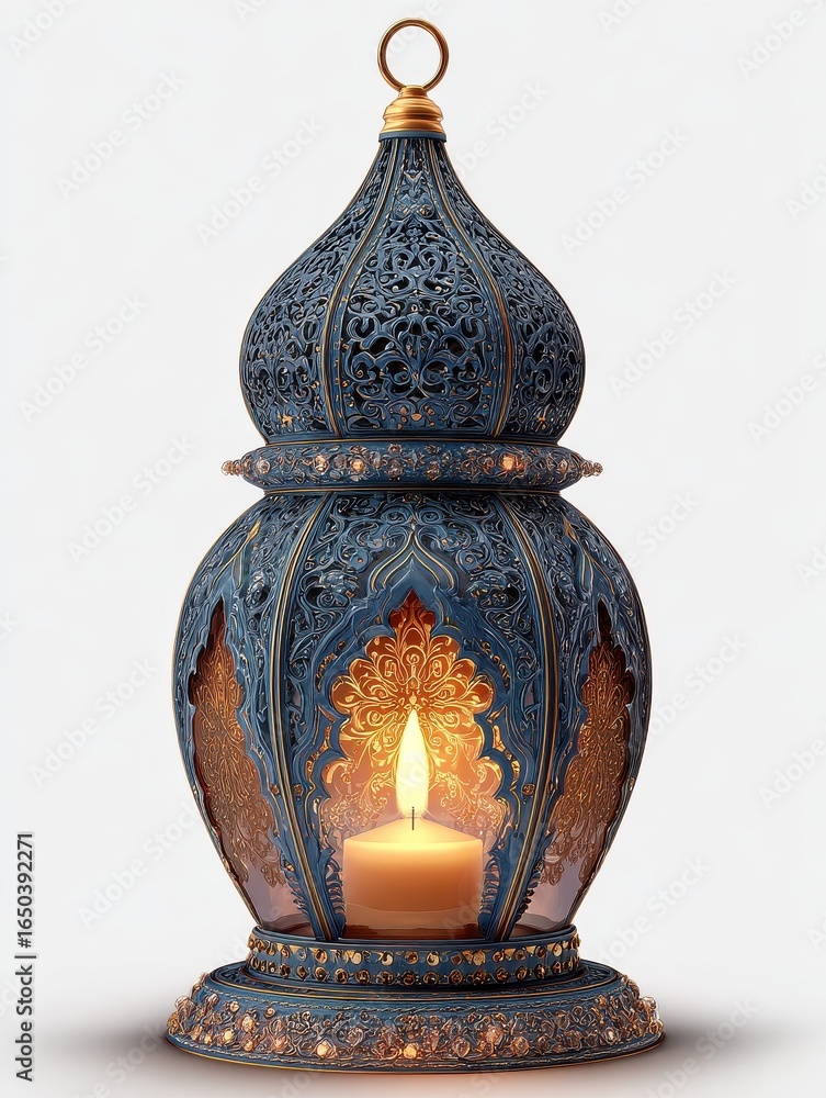 Poster a beautiful arabic lantern with intricate patterns and a glowing candle inside isolated on a transpa