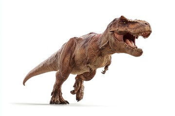 Realistic depiction of a roaring T Rex dinosaur running in a dynamic pose with an intense expression under bright lighting in a neutral background