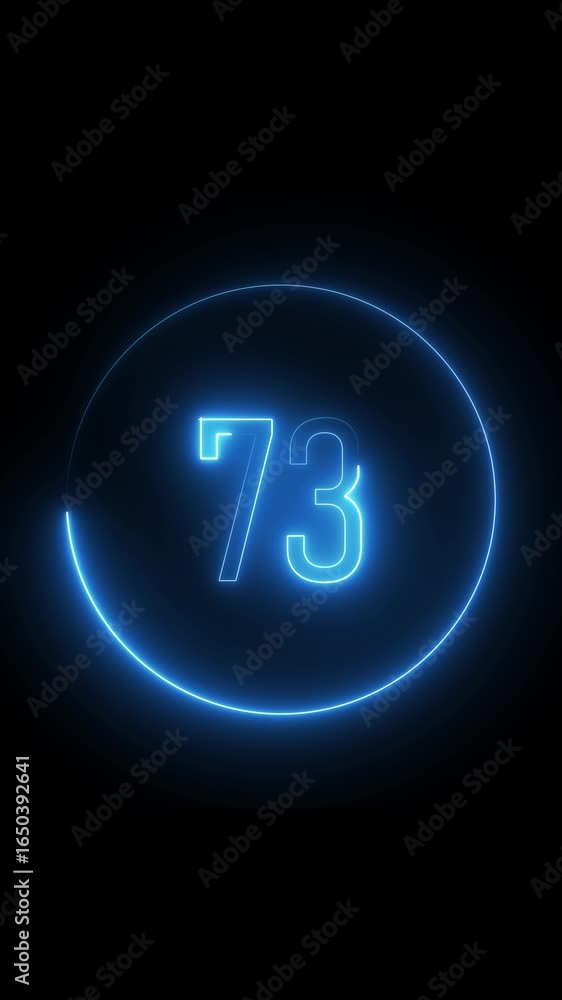 Poster number seventy three on a glowing circle. neon light effect. vertical video. animated neon number se