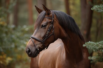 Fototapeta premium Bay horse portrait captures the beauty and elegance of a majestic horse standing amidst lush surroundings with rich greenery