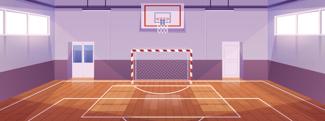 School gym interior vector flat illustration, basketball and soccer sport team games, athletic sport court stadium arena