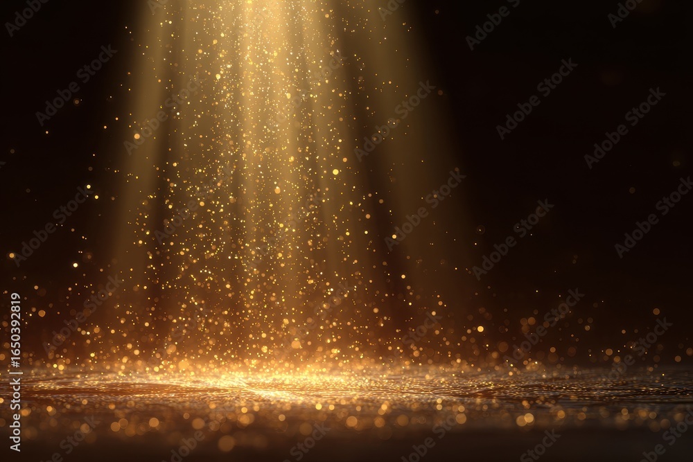 Poster golden light particles cascade through a glowing beam creating a mesmerizing visual effect in a dark