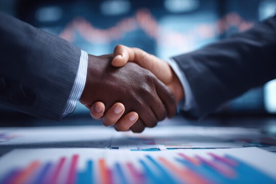 Business handshake between two professionals in a modern office setting, showcasing successful collaboration and partnership in a corporate environment during working hours