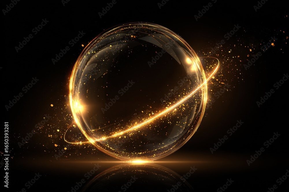 Poster futuristic sphere with a golden shine and neon flare floating in a dark, abstract environment enhanc