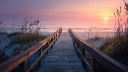 Fototapeta premium boardwalk on beach at sunrise no logos no brands ar 169
