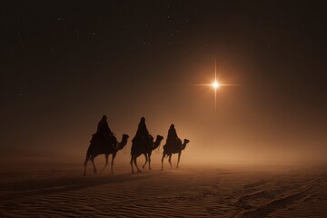 Three wise men journeying on camels through a sandy desert under a starry night sky, seeking a distant guiding star