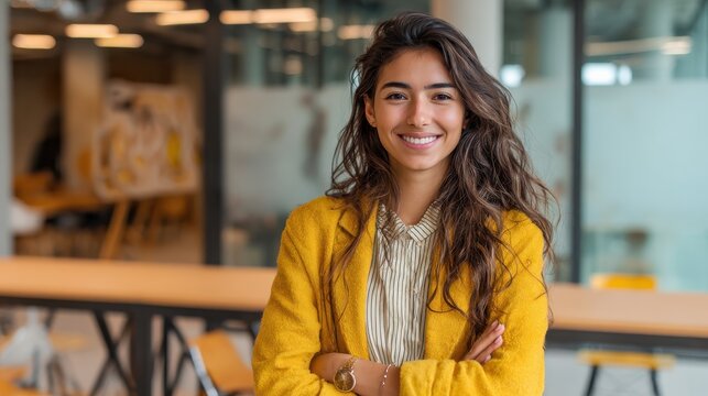 young smiling latin girl college student or teacher looking at camera standing in university campus happy hispanic millennial woman professional posing in modern coworking creative office space no lo