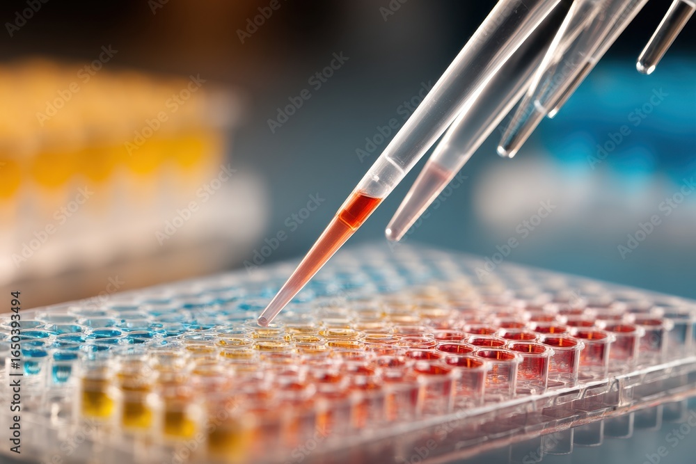 Poster focus on the pipetting process in a scientific laboratory, featuring colorful liquid transfers in a 