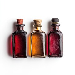 Three small, vintage-style bottles, various colors, cork tops, on white background