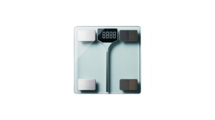 Digital glass bathroom scale with display, isolated on transparent background