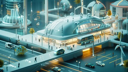 An illustrative 3D model of a futuristic sports arena powered by renewable energy sources  ,3D style