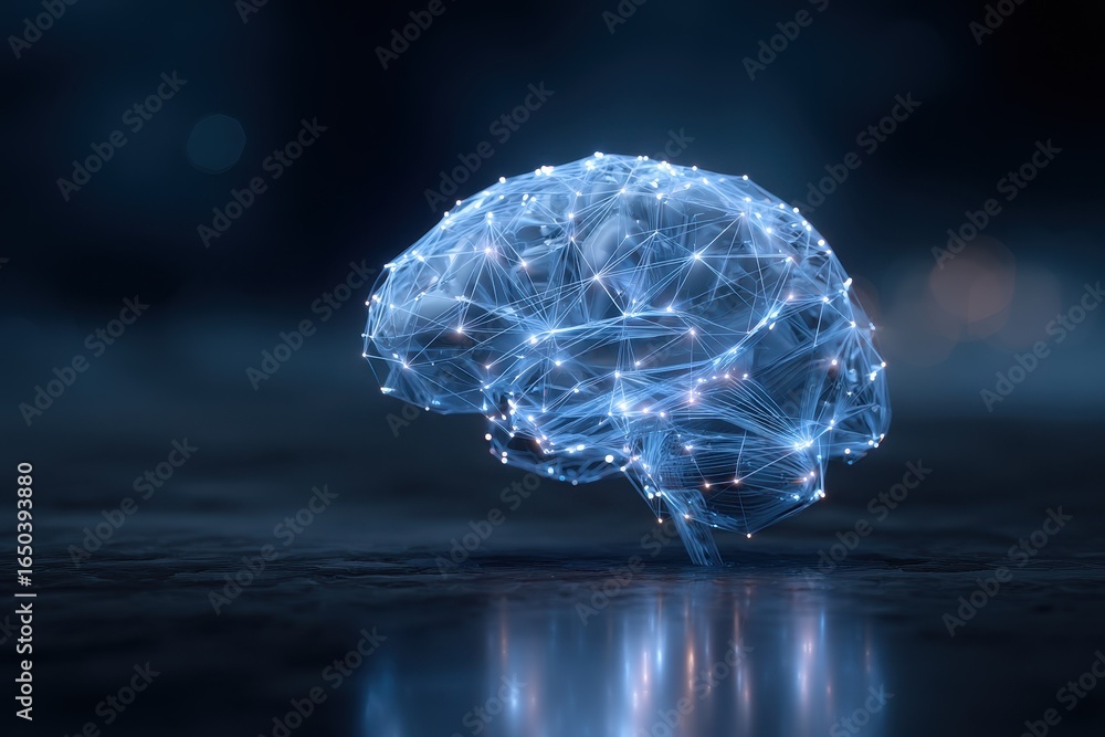 Poster innovative brain interface showcases glowing neural networks and advanced technology in a futuristic