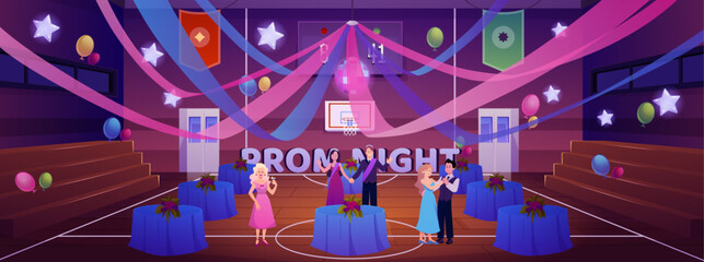 School gym prom night in the gym, vector cartoon dance party in college gymnasium hall with festive decorations © sabelskaya