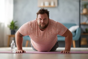 Fototapeta premium Overweight man performing knee push ups at home on exercise mat in a bright living room environment focused on fitness and health improvement