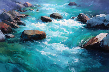 Japanese sumi-e ink painting of a flowing river with smooth stones, representing the flow of thoughts, monochrome brush strokes with soft gradients in a tranquil,water paintings, water color