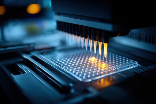 Microplate reader scanning an immunosorbent in a laboratory setting for precise measurement of biomolecular interactions