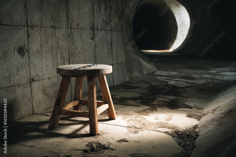 Poster wooden stool positioned inside a dimly lit circular tunnel with a contrasting light source illuminat