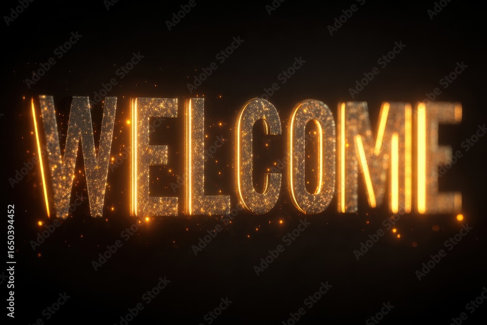 Poster glowing golden welcome text with sparkling effects illuminating the surroundings in a warm and invit