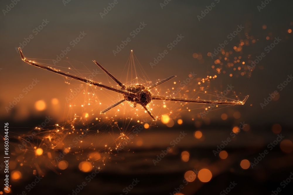 Poster next generation military drone utilizing advanced neural network technology flies through a dusk sky